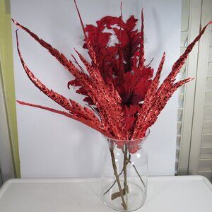 "Feather" (2) picks metallic (2) glittered (double sided) floral filler True Red